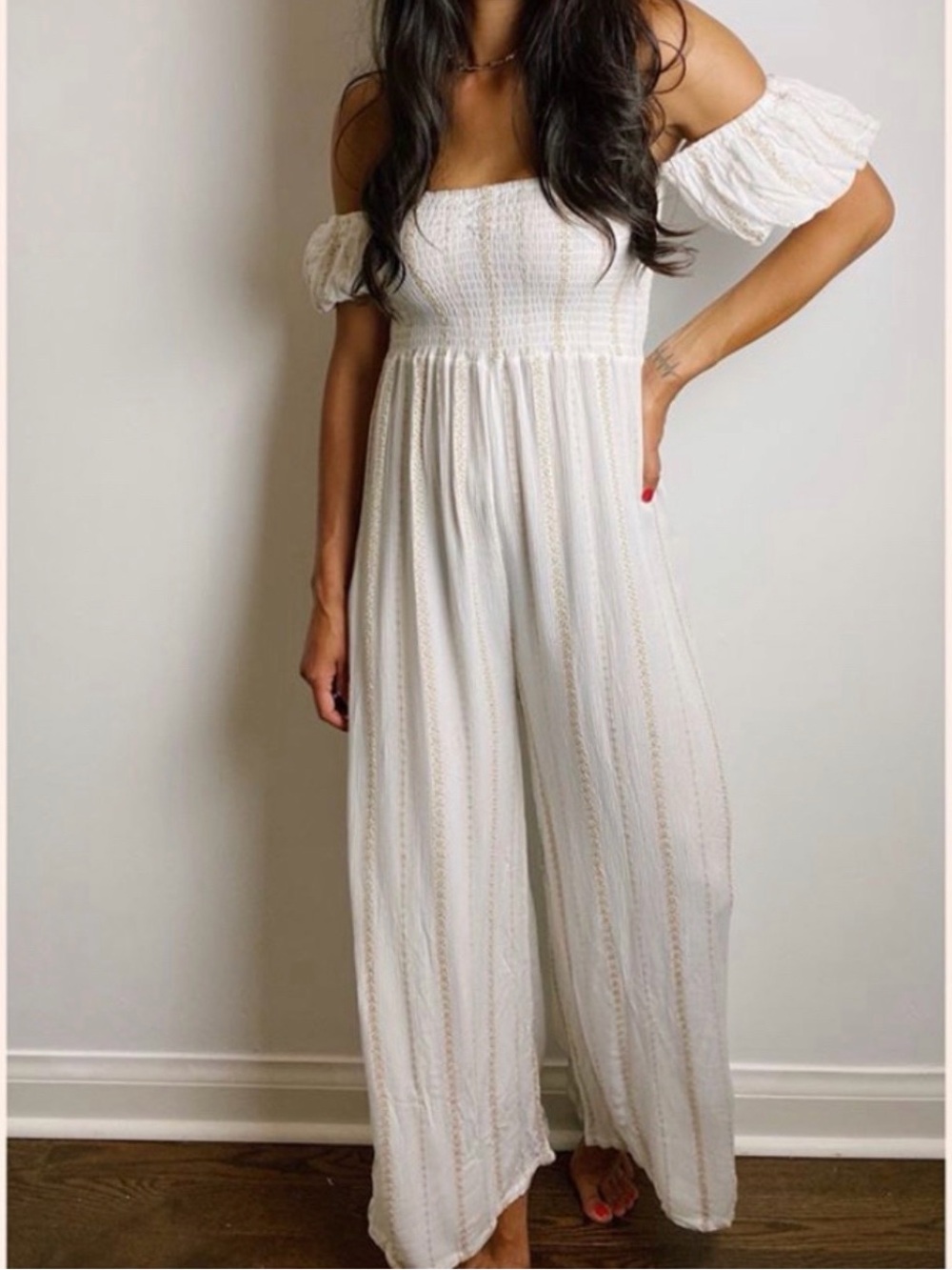 Olivaceous White Off-Shoulder Wide-Leg Jumpsuit
